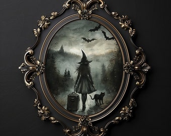 Häxa och kattfälttryck, Dark Academia Halloweendekor (digital nedladdning)