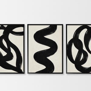 Black and beige wall art set of 3 prints, abstract one line black gallery wall set, beige printable wall art, line art minimalist print set