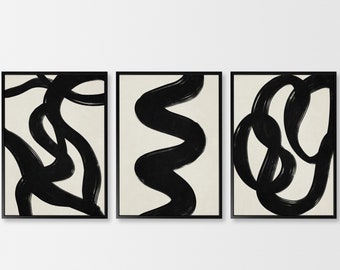Black and beige wall art set of 3 prints, abstract one line black gallery wall set, beige printable wall art, line art minimalist print set
