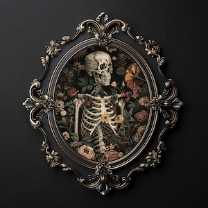 Floral skeleton portrait print,  anatomical dark academia, halloween printable, spooky decor, vintage poster, gothic painting, flower skull