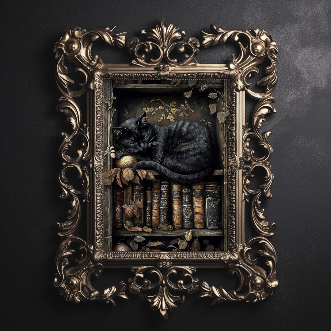 Black Cat Library Print, Dark Academia Home Decor (digital Download) - Etsy