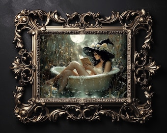 Impresión de libro de lectura de bruja en la bañera, academia oscura en el baño, decoración gótica de brujas melancólicas, póster vintage de otoño, bruja rústica imprimible
