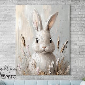 May include: A white rabbit with long ears is painted in a realistic style. The rabbit is surrounded by soft, muted tones of beige, brown, and pink. The background is a blurred, textured canvas.