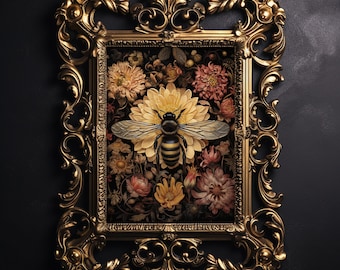 Bee in dark flower, wild moody bumlebee print, botanical printable, floral dark academia, cottagecore wall art, vintage poster