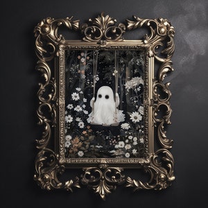 Cute ghost on swing in white flower woods print, dark academia, victorian gothic spooky decor, horror vintage creepy goth wall art painting