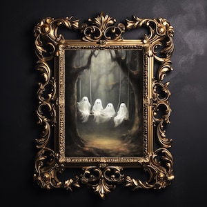 Four cute ghosts on a swing in fall woods print, dark academia, victorian gothic spooky decor, horror vintage creepy goth wall art painting