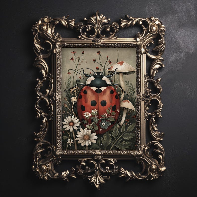 Ladybug in Dark Flower and Mushrooms Garden Print, Moody Bug Printable ...