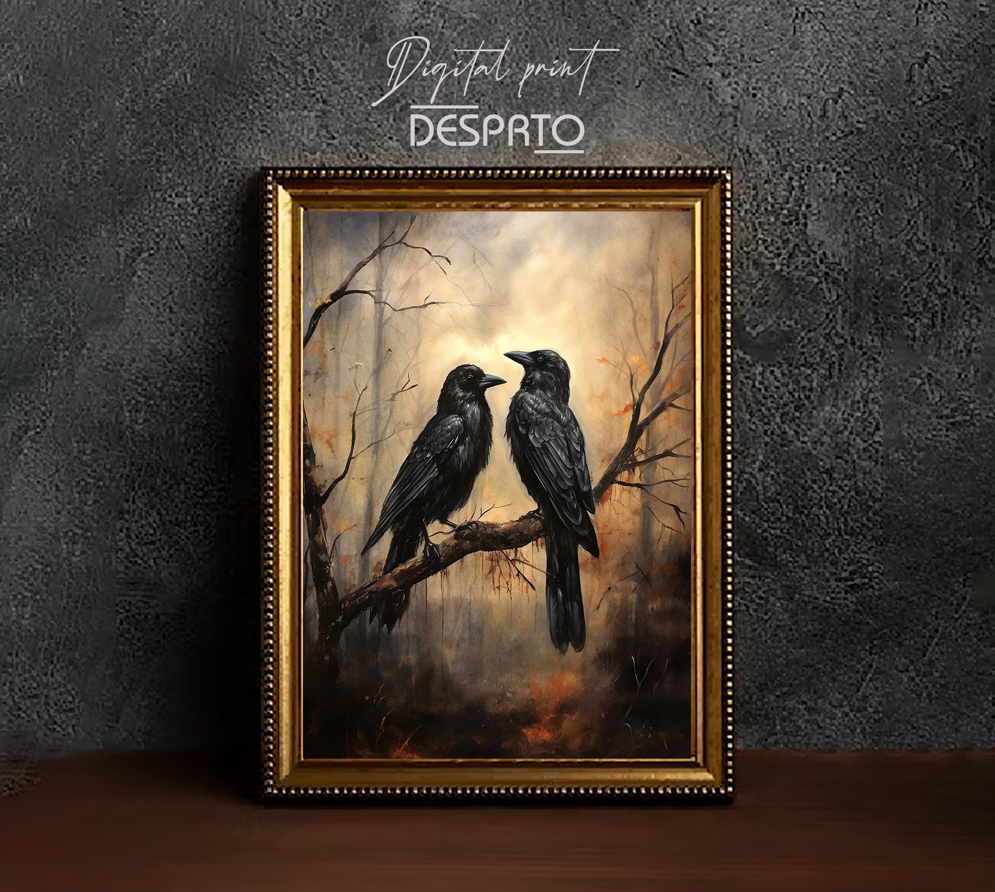 Gothic Crow Art Print, Dark Forest, Raven Oil Painting (digital ...