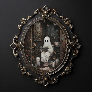 Ghost reading newspaper on toilet print, dark academia, whimsical ghost bathroom portrait halloween printable vintage poster gothic painting