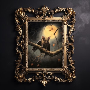 Bat in the night, woodland moon bat wall print, dark cottagecore, farmhouse desk decor, dark aesthetic, forestcore gothic oil painting