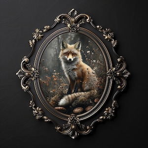 Fox in moody forest wall print, botanical dark academia painting, woodland fox print, animal fox forestcore decor, cottagecore printable