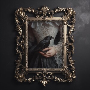 Gothic moody raven print, crow portrait wall printable, dark academia decor, Victorian raven printable, vintage poster, gothic painting