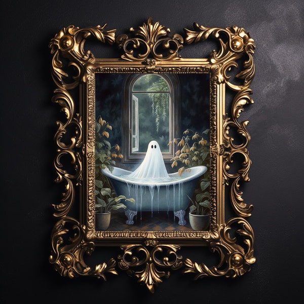 Ghost takes a bath tub, ghost bathtub portrait print, dark academia, halloween printable, fall spooky decor, vintage poster, gothic painting