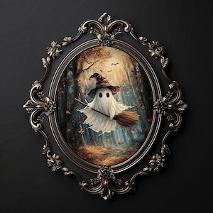 Niedlicher Geist fliegt auf einem Hexenbesen im Herbstwald, dunkle Academia, gotische gruselige Dekoration, Horror-Vintage-gruselige Goth-Wand-Kunstmalerei