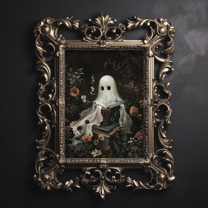 Süßer Geist Lesebuch Druck, Halloween Cottagecore Dekor, Geist Vintage Wand Kunst Poster, dunkle Academia druckbare Dekor