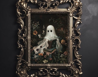 Uroczy duch czytający książki wydruk, cyfrowy wystrój domku letniskowego na Halloween, plakat ścienny w stylu vintage z duchem, wystrój do druku Dark Academia