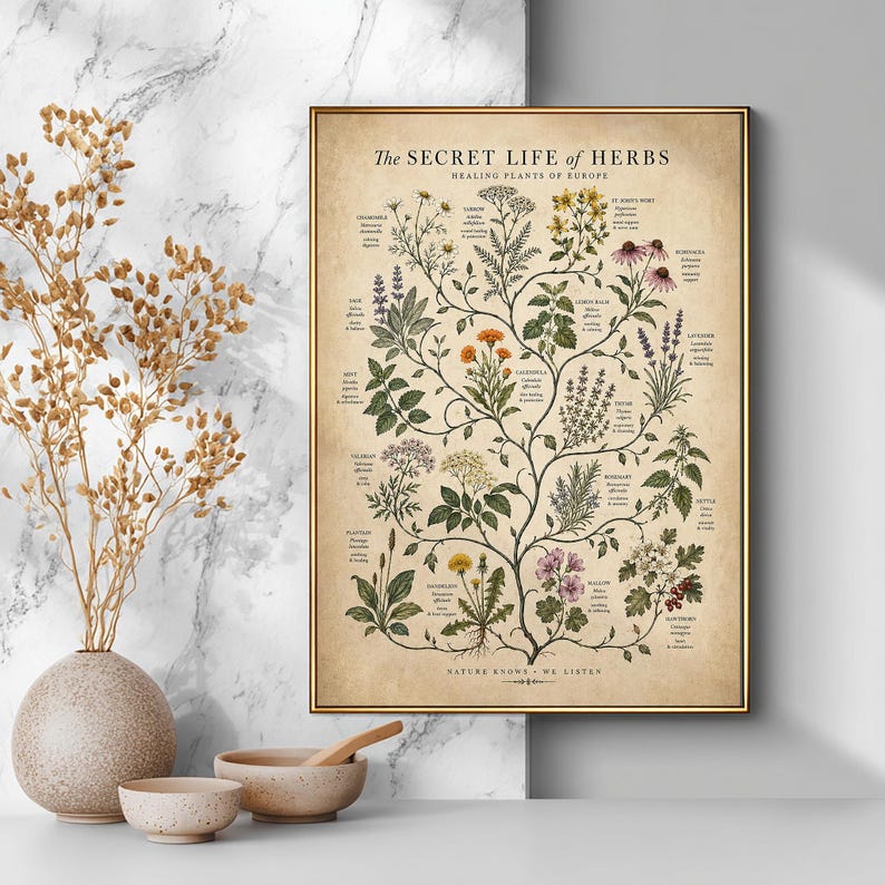 Medicinal Herbs of Europe Poster, Vintage Botanical Chart, Healing Plants Print, Herbalism Wall Art, Apothecary Botanical Illustration
