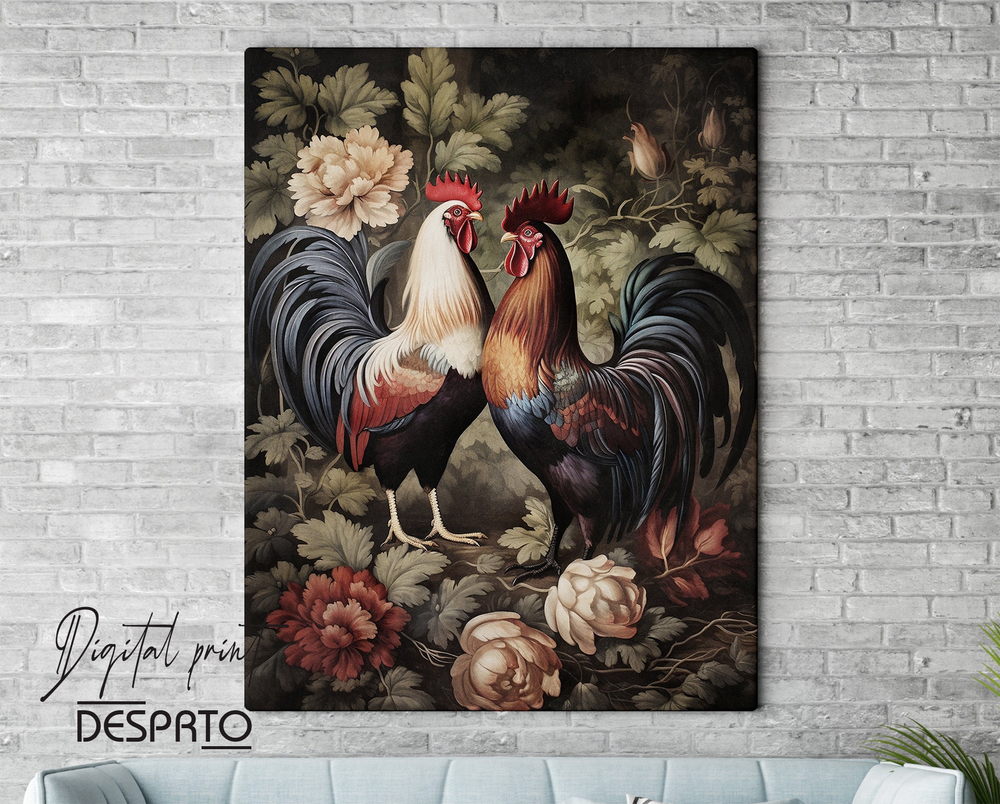 部族の雄鶏のデザイン 写真撮影用背景布 写真撮影小道具 壁の背景 スタジオパーティーの装飾用 森の雄鶏、ムーディーな雄鶏のウォールプリント、植物の プリント、花柄のダークアカデミア、ダークコテージコアのウォールアート、ビンテージポスター - Etsy 日本, image size:2005x1613