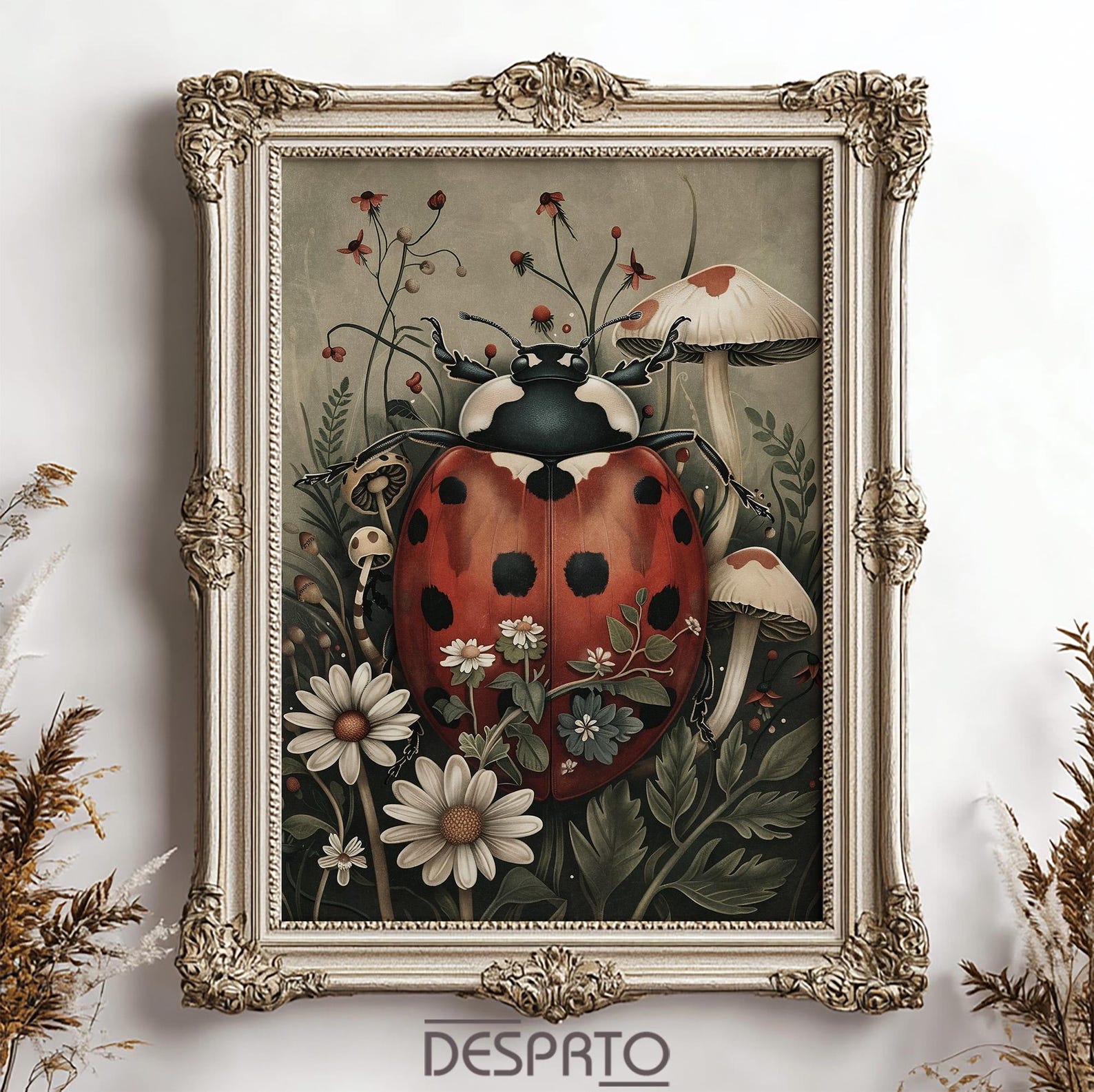 Ladybug in Dark Flower and Mushrooms Garden Print, Moody Bug Printable ...