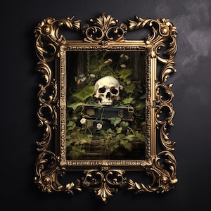Floral books skull portrait print, dark academia, halloween printable, spooky decor, vintage poster, gothic oil painting, botanical skeleton