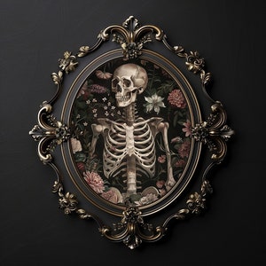 Floral skeleton portrait print,  anatomical dark academia, halloween printable, spooky decor, vintage poster, gothic painting, flower skull