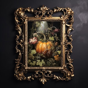 Woodland  pumpkin, moody moss pumpkin wall print, floral dark academia, halloween printable, vintage poster, gothic oil painting