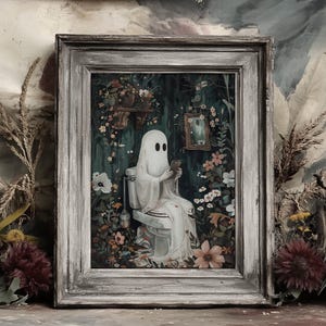 Ghost reading phone on toilet print, dark academia, whimsical ghost bathroom portrait halloween printable vintage poster gothic painting
