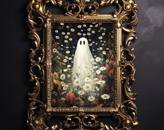 Floral ghost digital portrait print, halloween printable, spooky decor, vintage poster, gothic oil painting, flower ghost, dark academia