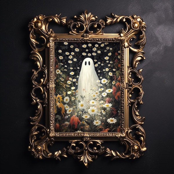 Floral ghost digital portrait print, halloween printable, spooky decor, vintage poster, gothic oil painting, flower ghost, dark academia