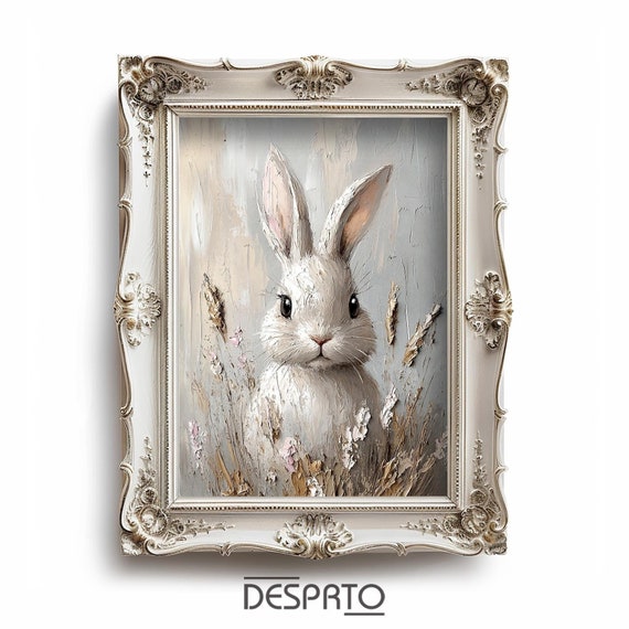 Rabbit bunny flower boho portrait print, Easter farmhouse decor, bunny wall oil painting, printable vintage art, light academia decor art