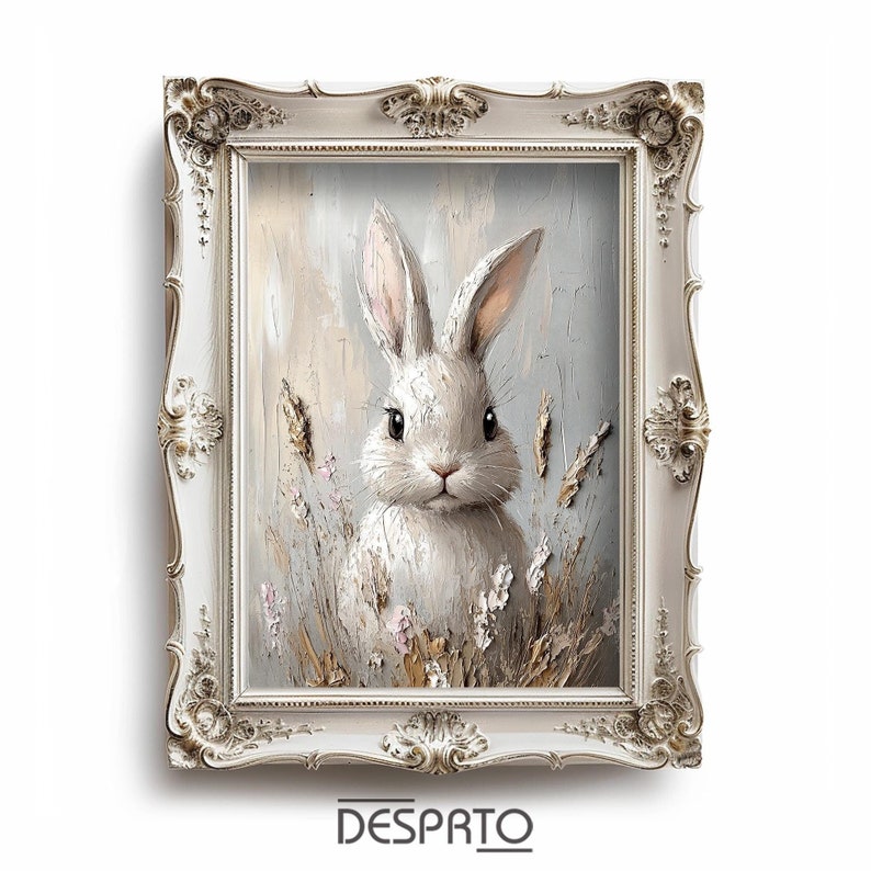 Rabbit bunny flower boho portrait print, Easter farmhouse decor, bunny wall oil painting, printable vintage art, light academia decor art