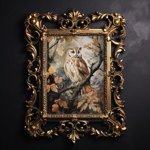 Owl in the autumn forest, fall forest cottagecore print, animal wall art nature painting decor, boho printable vintage poster, dark academia