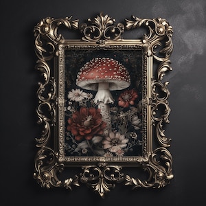 Setas agáricas de mosca del bosque, setas en flores, impresión de pared de duende de musgo de mal humor, academia oscura floral imprimible, decoración de otoño de сottagecore