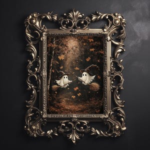 Niedliche Geister fliegen auf einem Hexenbesen im Herbst Wald Druck, dunkel Academia, gothic gruseligen Dekor, Horror Vintage gruselige Goth Wand Kunst Malerei