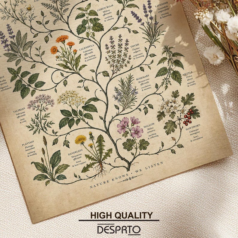 May include: A botanical print on aged paper featuring a branching tree diagram of medicinal herbs including lemon balm, calendula, thyme, lavender, rosemary, nettle, hawthorn, mallow, dandelion, plantain, and valerian with the text Nature Knows We Listen.