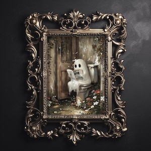 Ghost reading newspaper on toilet print, dark academia, whimsical ghost bathroom portrait halloween printable vintage poster gothic painting
