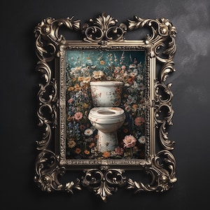 Blumentoilette mit Blumenmuster, botanisches Badezimmer-Toilettenblumen-Weinleseplakat, dunkle Academia zum Ausdrucken, dunkles Cottagecore-Dekor, launische Wildblumen Kunst