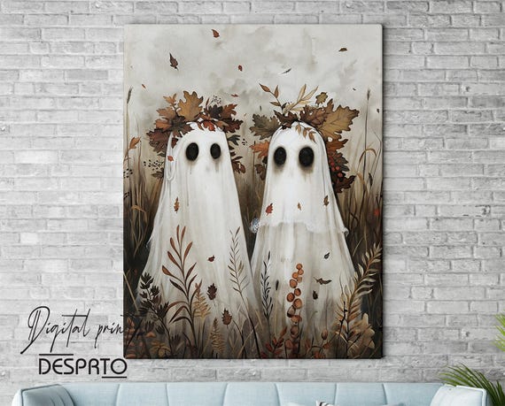 Two Ghosts in Field With Pumpkins, Dark Academia, Cottage Core