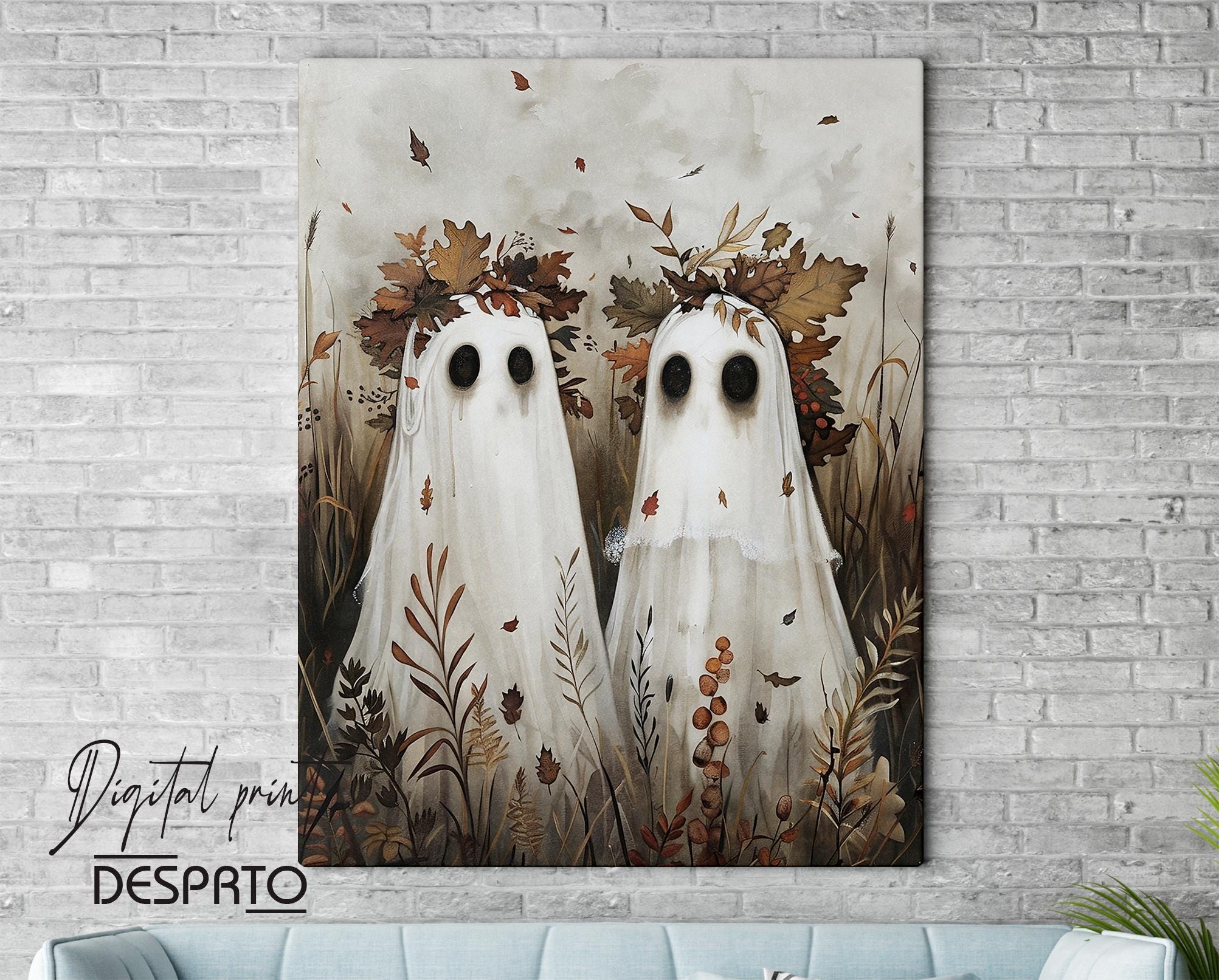 Two Ghosts in Field With Pumpkins, Dark Academia, Cottage Core