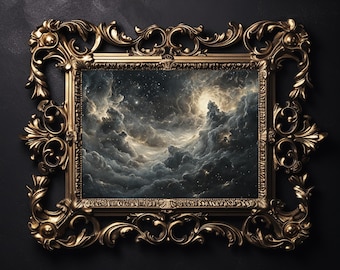 May include: A gold ornate frame with a swirling, cloudy, starry sky painting inside. The painting is a dark blue with white and yellow clouds and stars.