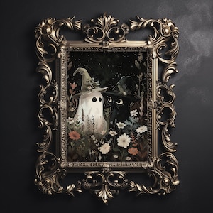 Süßer Geist und schwarze Katze Druck, Halloween Cottagecore Dekor, Geist Vintage Wand Kunst Poster, schwarze Academia zum ausdrucken