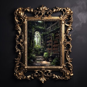 Dunkle Bibliothek, Gothik Wohndekor, dunkle Academia Wandkunst, botanische Bücher Druck, grünes Wald Buchladen Poster, gothic сottagecore