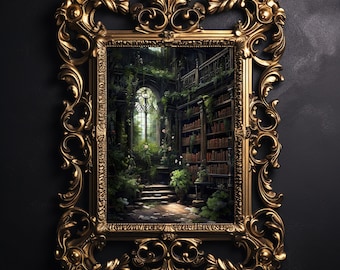 Dark library interior,  goth home decor, dark academia wall art, botanical books print, green forest bookstore poster, gothic сottagecore