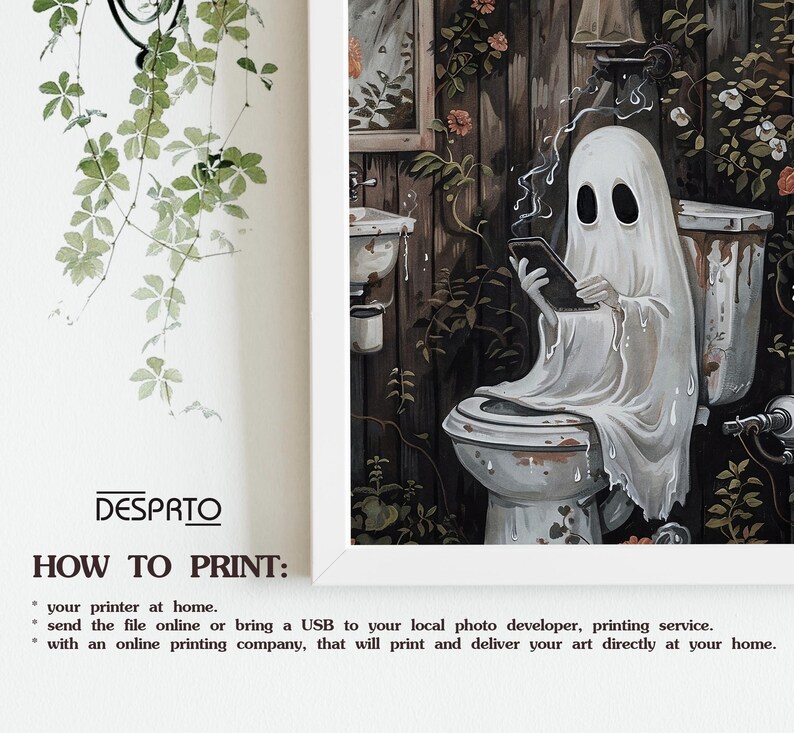 Ghost Looking Phone on Toilet Print, Dark Academia, Whimsical Ghost