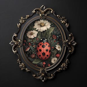 Ladybug in dark flower garden print, moody bug print, ladybug printable, dark academia, cottagecore wall art, beetle vintage poster