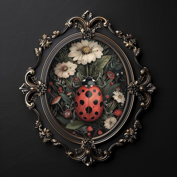 Ladybug in dark flower garden print, moody bug print, ladybug printable, dark academia, cottagecore wall art, beetle vintage poster