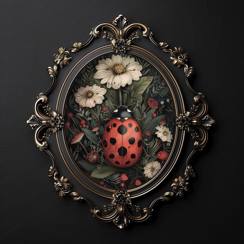 Ladybug in dark flower garden print, moody bug print, ladybug printable, dark academia, cottagecore wall art, beetle vintage poster
