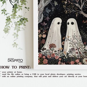 May include: Two white ghosts standing in a field of flowers under a starry night sky. The ghosts are facing each other and have a soft, ethereal glow. The flowers are a variety of colors, including pink, purple, and yellow. The background is a dark blue with white stars.