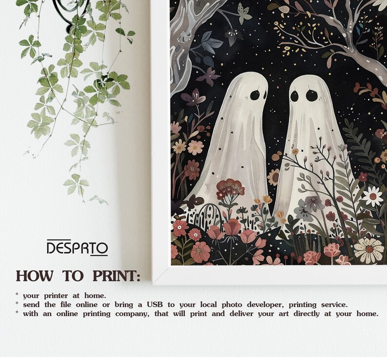 May include: Two white ghosts standing in a field of flowers under a starry night sky. The ghosts are facing each other and have a soft, ethereal glow. The flowers are a variety of colors, including pink, purple, and yellow. The background is a dark blue with white stars.