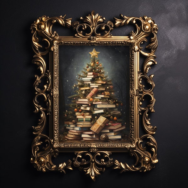 Bücher Weihnachtsbaum Druck, Winter rustikale druckbare, Weihnachts literarische Stillleben, leichte Academia Dekor, Vintage Urlaub Malerei Wandkunst